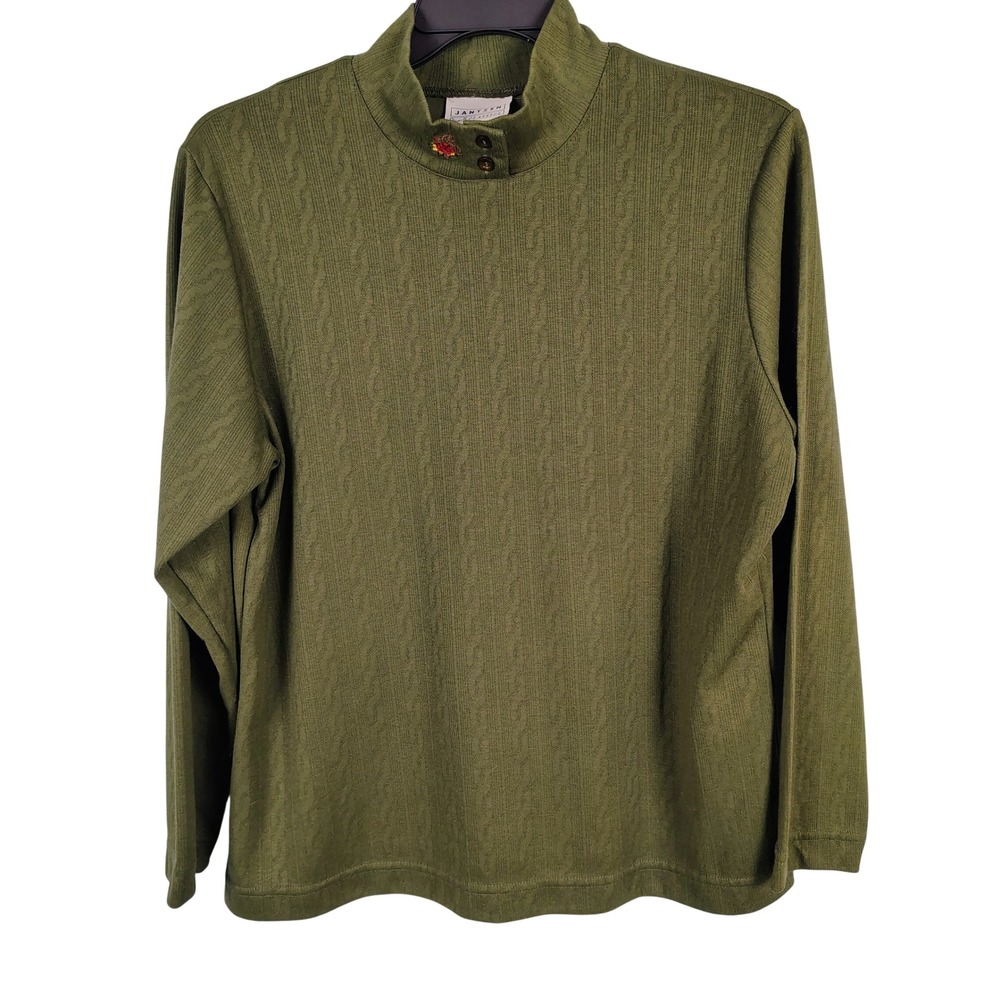 Jantzen Womens L Mock Neck Top Olive Green Cable Knit Floral Cottagecore Grandma